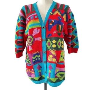 Berek Marta D Cardigan Hand Knit Wearable Art Colorful Southwestern Medium VTG
